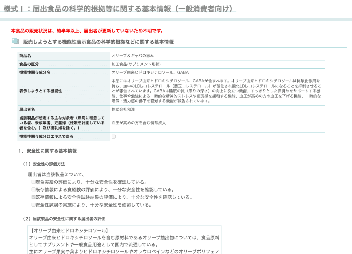 オリーブ＆ギャバの恵み　機能性表示食品届出情報